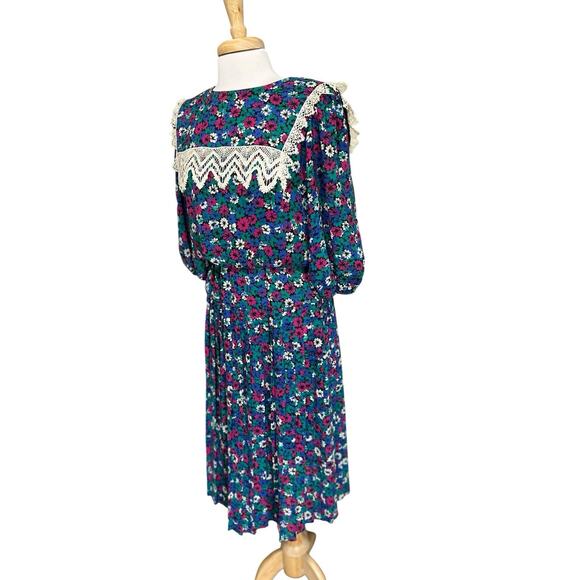 JAMIE Pleated Midi Dress Ditzy Floral 90's Prairie Collar Cottagecore Women's 10 - Picture 3 of 7
